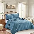 Prime Linens 3 Piece Inspiration Quilted Bedspread Embossed Pattern Comforter Bedding Set Bed Throw with Pillow Case (Blue, Super King 3 Piece)