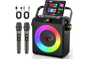 HWWR Karaoke Machine with 2 Wireless Microphones, Bluetooth 5.3 Karaoke Speaker with Upgraded Subwoofer, Bass Boom, PA System for Home Party, Outdoor Gatherings, Support TV, AUX, USB, TF Card, Live