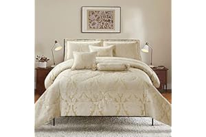 The Traditionz 7 Pieces Quilted Bedspread Luxury Jacquard Comforter Bed Throw Extra Soft Bedding Set (Lucy Beige, King)