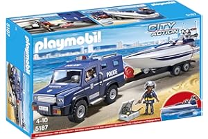 PLAYMOBIL Policía - Coche de policía con lancha Remolque (5187)