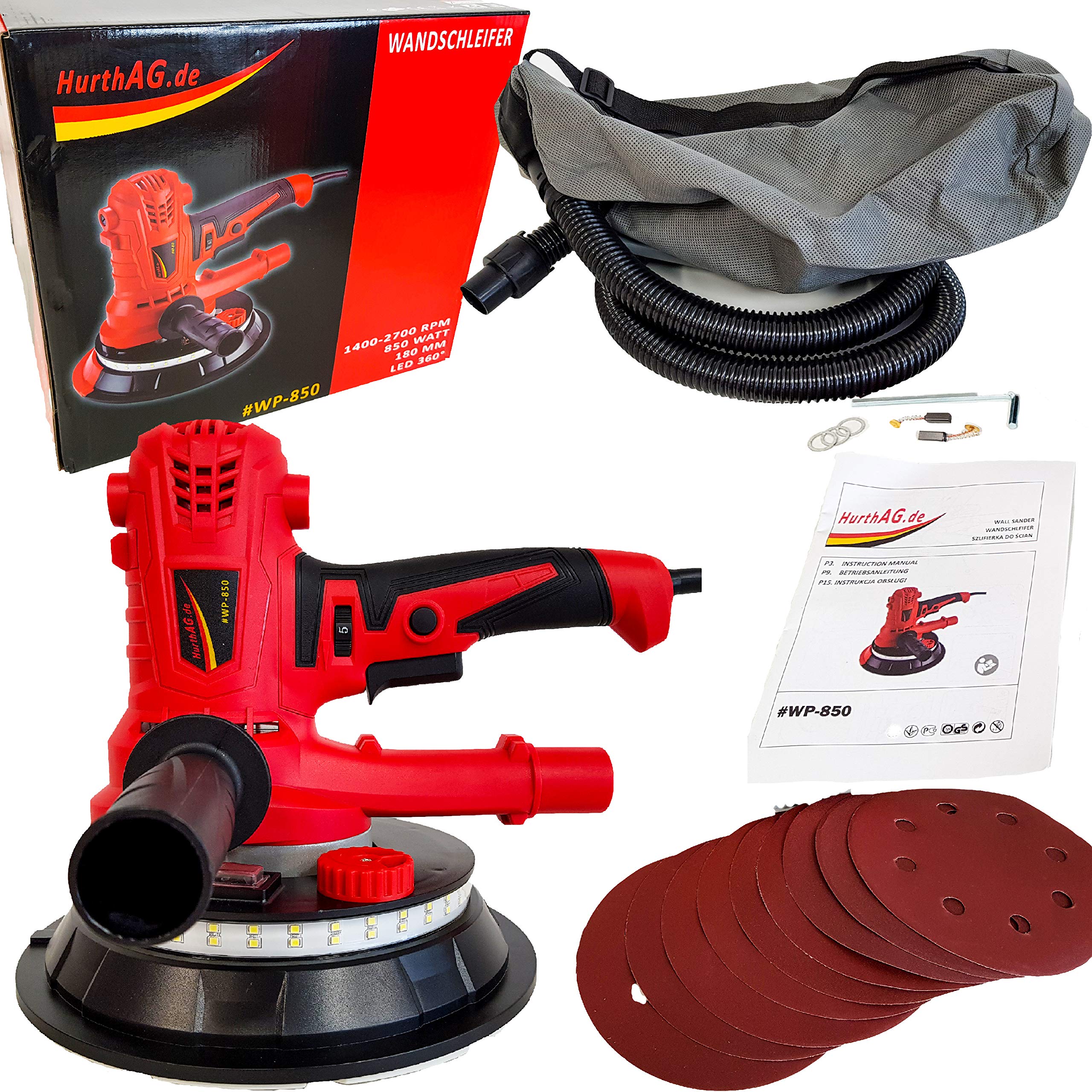 Wandschleifer-Deckenschleifer-Trockenbauschleifer-Durchmesser-180mm-inkl-Absaugschlauch-Fangsack-Soft-Griff-850W-LED-SMD-360