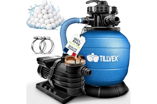 tillvex Système de Filtre à Sable 10m³/h + 800g Boules de filtre – 7 Fonctions | Filtre de Piscine avec indicateur de pression | Filtre à sable pour bassins & piscines