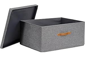 LOVE !T STORE !T LOVE IT STORE IT - Boîte de Rangement Extra Large Avec Couvercle, Tissu Lin, Renforcement Bois, Gris Chiné, 54x40x25 cm