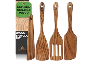 WOODENHOUSE LIFELONG QUALITY Espátulas Madera Para Cocinar - Juego de 4 Utensilios de Cocina Madera de Teca, incluye Espátula volteadora, ranurada, raspador y para freír. Accesorios Cocina - Duraderos y Antiadherentes