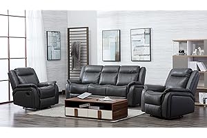 Furnishings For Less UK Grey 3 Piece Sofa Suite Reclining Armchairs Leatherair Leather Like Hampshire (3 + 1 + 1 (Non Reclining 3 Seater), Grey)