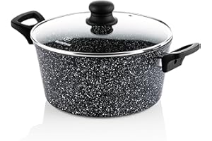 Westinghouse Pentola da 24 cm con coperchio in vetro, rivestimento antiaderente in marmo a 3 strati, in alluminio forgiato, adatta a induzione, manico con rivestimento in silicone, nero
