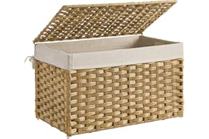 SONGMICS Panier de Rangement, Corbeille Linge Sale 65L avec Couvercle, Pliable, Sac en Tissu Amovibles et Poignées, pour Couvertures, Vêtements, Salon, Chambre, Buanderie, Couleur Boisée RST56NL