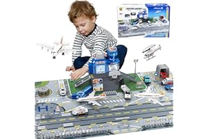 XDUOYJOY Airplane Toy Set with Trucks, Helicopter, Planes, Signs and Airport Playmat, Interactive Early Learning Toys for Boys Girls, Great Gift for Birthday