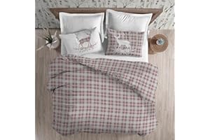 BIANCHERIASTORE NEW STYLE AT HOME Copripiumino Calda Flanella Tirolese Cervo 100% Cotone Made in Italy | Copripiumino Felpato Caldo Cotone Made in Italy stampa Scozzese Tartan| Sacco piumone + Federa/e double - Matrimoniale - Rosso