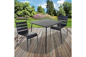marko Outdoor Slatted Bistro Furniture Steel Sand Grey Garden Patio Cafe Restaurant Diner Seating Sets Chairs Tables Folding Stacking (3PC Set with Square Table and 2 Chairs)