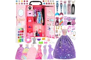 FESTFUN 140Pcs Fashion Doll Clothes & Accessories with Doll Closet Wardrobe for 11.5 Inch Dress Up Including Party Gown Mini Dresses Swimsuits Tops Pants Outfits Shoes Bags Necklaces Toys Gifts for Girls