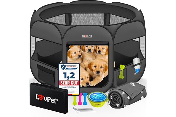 LOVPET® Parc pour Chiots Parc pour Animaux Pliable pour Petits Animaux Chiens, Chats INCL. gamelle pour Chien Parc pour Chiens Tissu Oxford Système de déploiement, Anthracite/Noir