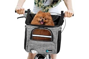 PetAmi Dog Bike Basket, Soft-Sided Ventilated Dog Bike Carrier Backpack, Dog Pet Bicycle Basket for Bike Handlebar, Small Medium Puppy Cat Kitten Car Booster Seat with Safety Strap (Gray)