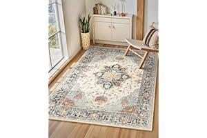 INOVADAY Machine Washable Rugs 120x180 cm Vintage Area Rug Low Pile Anti-Slip Carpet with Print Pattern for Living Room Bedroom Home Office Indoor Beige/Blue/Orange