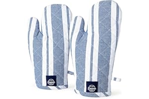 ‎ENCASA XO Encasa Homes Long 18x30 cm Oven Microwave Hand Gloves Mitts (2 pc set) for Kitchen Cooking & Baking - Heat Resistant, Thick & Safe, Protection of Hands from Hot Utensils, Grill - Franca Blaue Streifen