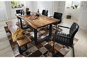 SAM® 6 TLG. Essgruppe Quentin, je 1x Baumkantentisch 140x80cm & -Bank 140x40 cm, Akazie-Holz, 4X Schwingstuhl Parzivo in schwarz