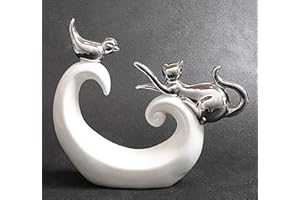 FeinKnick stilvolle Deko mit spielender Katze und Vogel - weiß & silber Katzen Dekoration aus Keramik - moderne Katzenfigur 20cm hoch