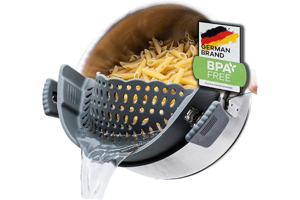 Passoire Clipsable Universelle en Silicone - Sans BPA - Demi Passoire avec Bec Verseur pour Casseroles - Gadget Cuisine Pratique pour Égoutter Pâtes et Aliments - Compacte, Tamis, Inox, Chinois