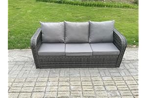 FMSGarden 3 Seater Rattan Sofa with 8 Thick Cushion,High Back Wicker PE Weave Outdoor Garden Sofa Dark Grey Mixed