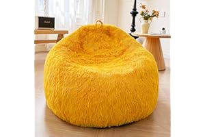 XeGe Faux Fur Bean Bag Cover(No Filler), Fluffy Stuffed Animal Storage Bean Bag Chair Cover for Bedroom Home Decor, Furry Fuzzy Gaming Bean Bag Cover for Adults Teens Kids Girls, Anti-slip, Yellow