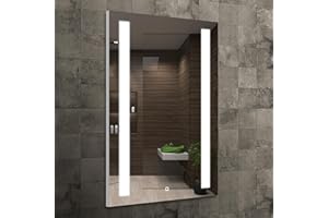 HOME GLOW Venti 50x70 cm Prostokątne lustro łazienkowe z oświetleniem LED, Podświetlone lustro z włącznikiem, Podwójne oświetlenie LED, Lustro z naturalnym białym światłem, Podświetlane z przodu