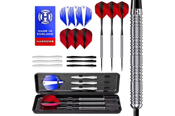 Harrows Caliber 90% Jeu de fléchettes à Pointe en Acier tungstène I 21 g à 30 g I Énorme Lot de 16 pièces avec tiges de Rechange, ailettes Prime et étui de Voyage