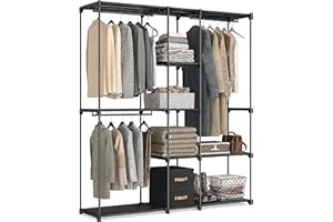 Relaxdays Armadio Aperto con Ripiani in Tessuto e Aste Appendiabiti, Guardaroba Componibile per Cabina, Modulare, Nero, Plastica, Ferro, 182x182x43 cm