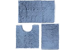 RUN HELIX Ultra Soft Chenille Bath Mat Non Slip, Bath Mat Set 3, Shaggy Bathroom Mats, Super Absorbent Bath Mats for Bathroom, Fluffy Bathroom Mat Set with U-Shaped Toilet Rug (Haze Blue)