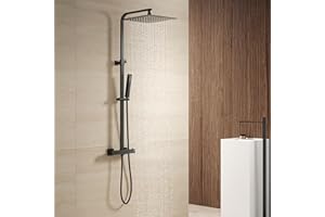 Columna Ducha Termostática Negra, YOOZENA Conjunto de ducha con Grifo Termostatico,Ducha Lluvia 25x25cm, Alcachofa de Ducha con Manguera, Regulable en acero inoxidable Negro Mate Cuadrada