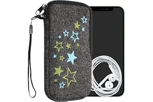 kwmobile Handytasche für Smartphones L - 6,5" - Handy Filztasche - Sternenmix Hellgrün Blau Dunkelgrau - 16,5 x 8,9 cm Innenmaße