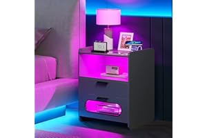 ‎LVIFUR Lvifur Nachttisch RGB Led Licht,Nachttische mit 2 Schublade,Smart Nachttisch Menschliche Sensorfunktion,Nachtschrank 20 Farblicht dimmbar mit Kabelloses Laden,Hochglanz Nachtkommode mit USB Laden
