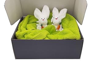 Frotteebox Geschenk Box Ostern 4-teilig mit Hasenpaar im Nest in Handarbeit geformt aus 2X Waschhandschuh weiß mit Handtuch und Duschtuch Kiwi-grün