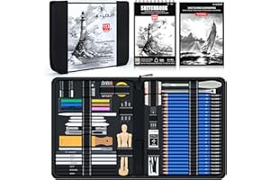 KALOUR 113PCS Drawing Set, Professional Sketching Kit with 3-Color Sketchbook,Graphite & Charcoal Pencils, Wooden Mannequin, Art Tools in Zipper Case, Art Supplies for Beginners & Artists Gift