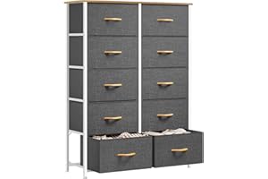 ‎YITAHOME YITAHOME Kommode, Kommode mit 10 Schubladen, Stoffkommode für Schlafzimmer, Wohnzimmer, Schrank, Kinderzimmer, Stabiler Stahlrahmen, Leicht zu Ziehen, Stoffkörbe und Holzoberfläche, Grau