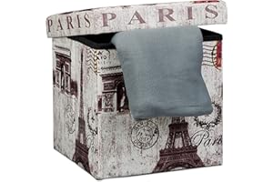 Relaxdays Banco Taburete Plegable, Puff Almacenaje, Pel Sintética, 38x38x38 cm, máx. 300 Kg, Diseño París, Multicolor