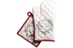 Maison d' Hermine Holly Time Lot de Gants de Four (19cm x 33cm) et maniques (20cm x 20cm) pour Barbecue, Cuisson, Micro-Ondes, Barbecue, Thanksgiving/Noël