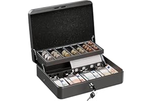 relaxdays Caisse à Monnaie, verrouillable, monnayeur & 4 Compartiments à Billets, Fer, HLP 8,5 x 30,5 x 24,5 cm, Gris