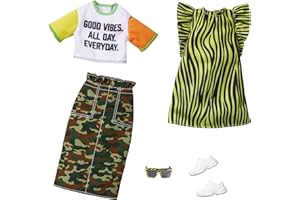 Barbie Fashionistas Kit vêtements, 2 tenues pour poupée dont jupe camouflage, t-shirt, robe rayée et accesssoires, jouet pour enfant, GHX67