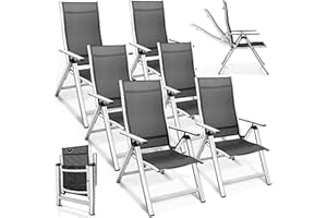 tillvex Premium Garden Chairs Set of 6 Foldable Aluminium High-Backed Chairs with Armrests Folding Chair Adjustable Folding Chair Balcony Garden Patio (Silver)