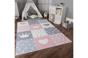 Paco Home Tappeto Bambini Cameretta Bambina Ragezzi Antiscivolo Arcobaleno Cuore Polkadot, Dimensione:160x220 cm, Colore: Crema Rosa Grigio