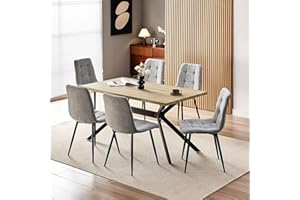 WAFTING Essgruppe Esstisch mit 6 Stühlen, 140×80×73cm HDF Esstisch mit Helle Holzmaserung, und Gepolsterte Grau Esszimmerstühle mit hoher Rückenlehne und Leinendesign, für Küche Esszimmer, Wohnzimmer