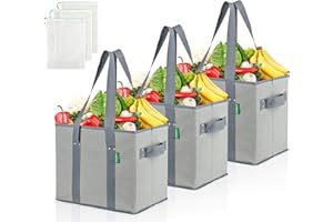 COTTARA Torba na zakupy premium, składana, 3 sztuki – stabilny kosz na zakupy wielokrotnego użytku ze składanym wzmocnionym dnem, w zestawie 3 x siatka na owoce i warzywa – 38 x 23 x 31 cm, szara