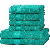 Amazon Basics - Set di 2 asciugamani da bagno e 4 asciugamani per le mani che non sbiadiscono, colore Verde Turchese