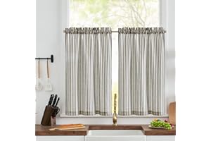 TOPICK Black Striped Kitchen Curtains 36 Inch Drop, Linen Look Small Cafe Curtains, Light Filtering Short Half Window Curtain 2 Panels for Bathroom, Cupboard Base, Sink, Basement, W26 x L36 Inch