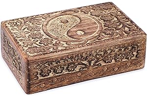 Ajuny Wooden Hand Carved Decorative Jewelry Box Tai Chi Carvings Vintage Keepsake Storage Organizer Travel Treasure Chest Trinket Holder Case Great Gifts 8x5 Inch