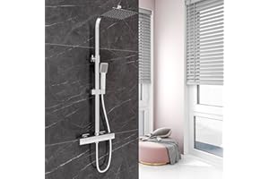 AICA SANITARIOS S.L Aica Sanitarios Columna de Ducha Termostática Cuadrada con Barra Ajustable, Alcachofa de Ducha Lluvia Efecto para Baño