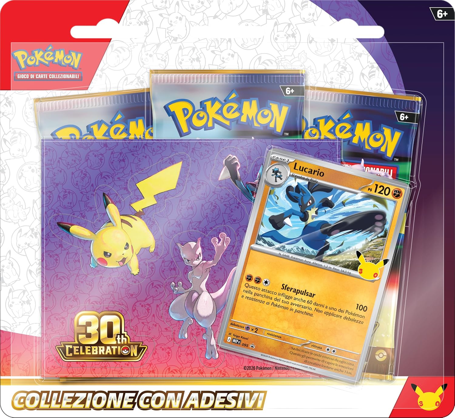 Pokémon: collezione con adesivi (Lucario) dell’espansione 30° Anniversario del GCC Pokémon (1 carta promozionale olografica e 3 buste di espansione), Edizione in Italiano