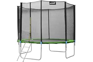 Hauki Trampoline d'Extérieur, Ø183/244/305/366/427 cm, Bleu/Vert, Certifié GS, Trampoline Rond, jusqu'à 150 kg, Set Complet avec Filet de Sécurité, Échelle, Couverture du Bord, Barres Rembourrées