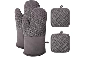 ANKWAY Rękawice do piekarnika, rękawice do garnków, zestaw 4 szt. – odporne na wysokie temperatury i antypoślizgowe rękawice do pieczenia, miękka bawełna, długie, elastyczne, grube silikonowe rękawice
