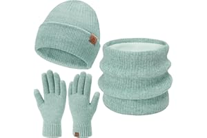 BEQUEMER LADEN Femmes Hiver Chaud Bonnet Echarpe Thermique Gants Tactiles Ensemble Tricot Slouchy Cache-Cou Cadeau Femme